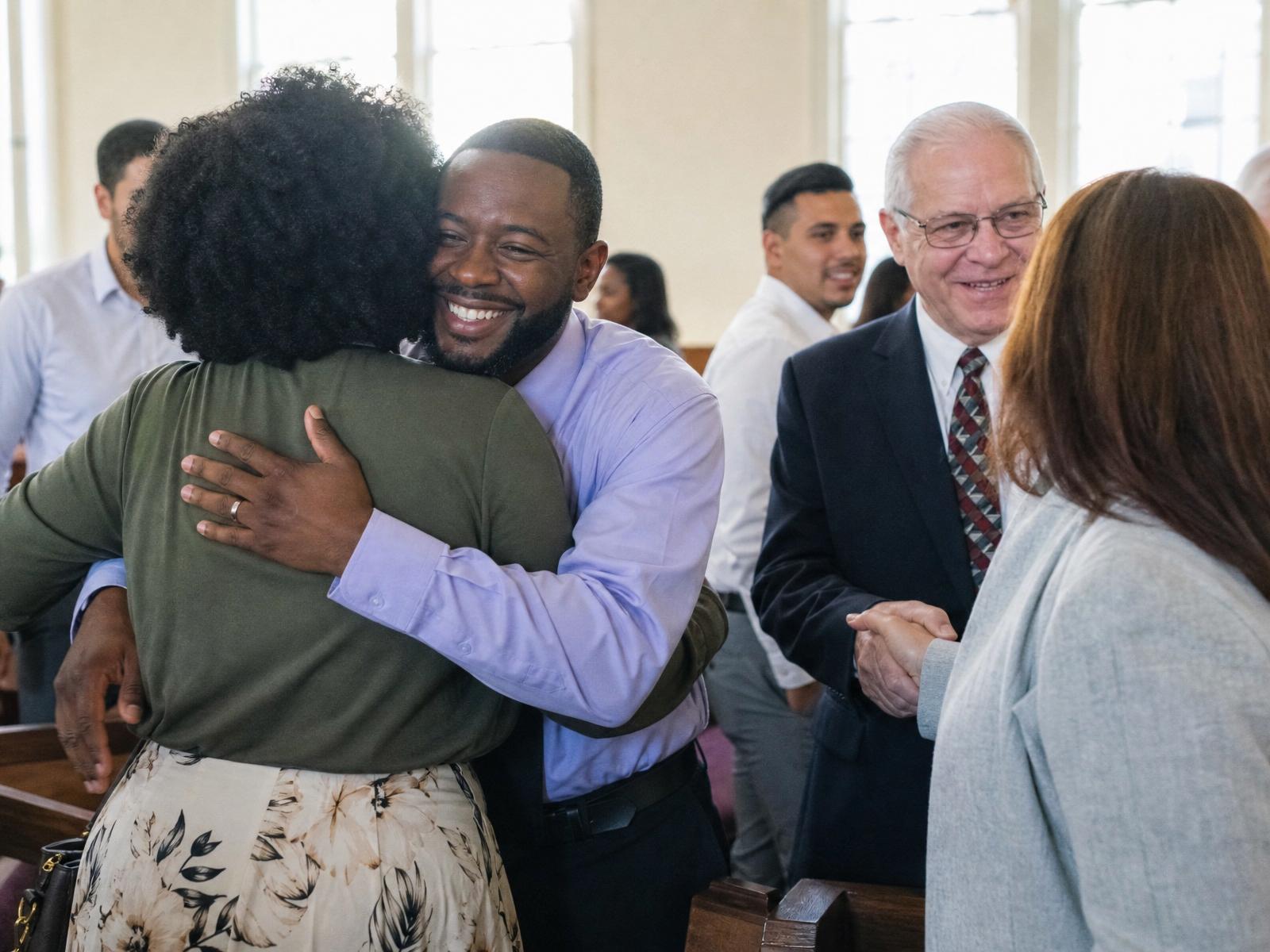 Members of Destiny Church greeting one another after service